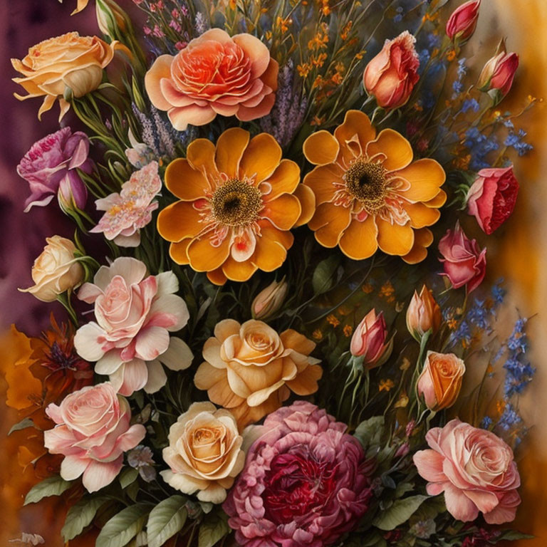 Colorful Bouquet of Roses, Peonies, and More on Dark Background