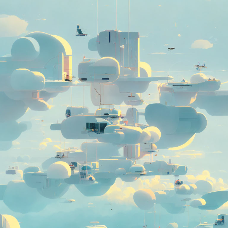 Futuristic cityscape with floating structures and aircraft in golden light