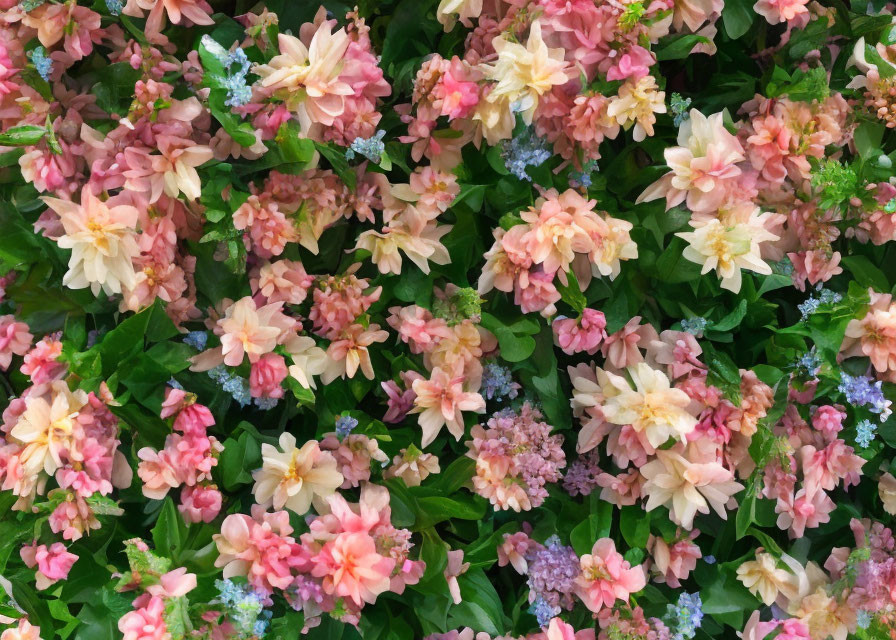 Pink Blossoms and Green Foliage in Dense Floral Arrangement