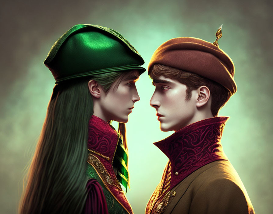 Medieval-themed characters in unique hats against green backdrop