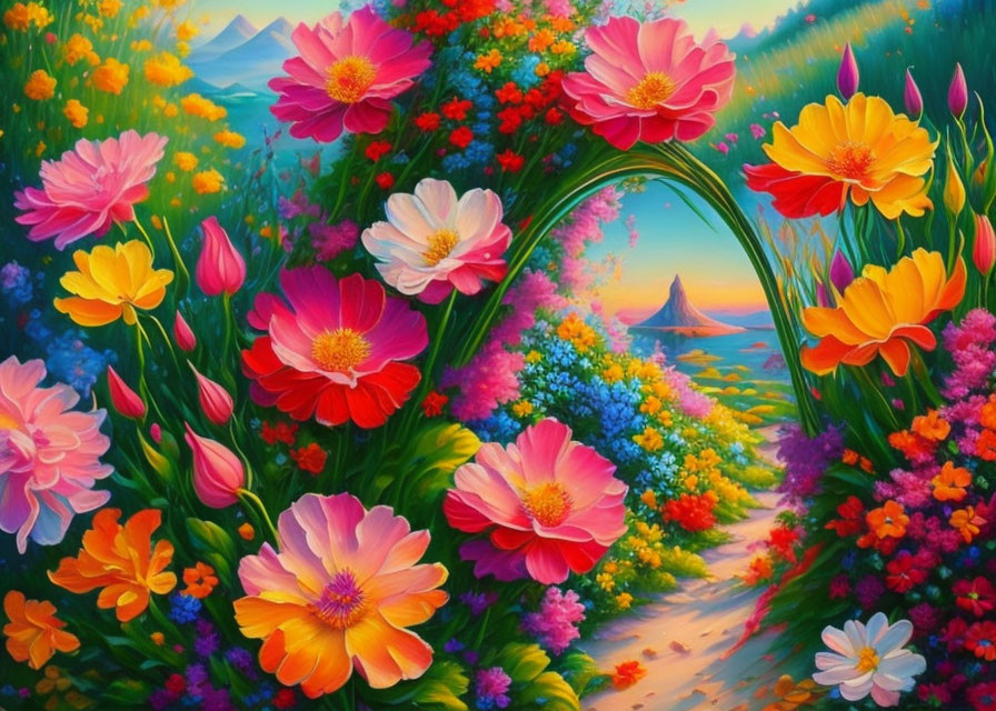 Colorful Flower Garden with Archway, Mountain, and Sailboat