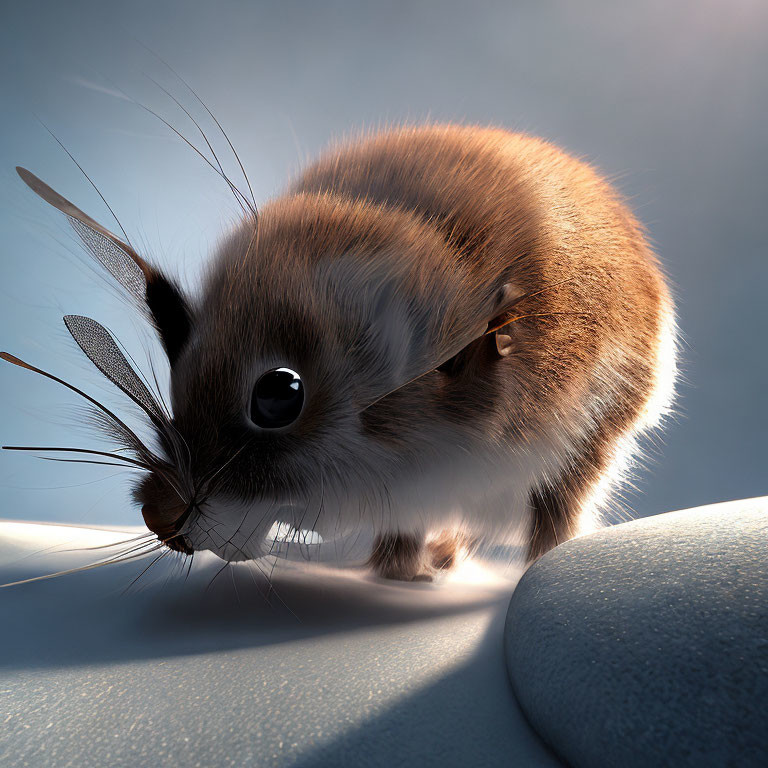 Fluffy Brown and White Rodent with Large Eyes and Whiskers on Smooth Surface