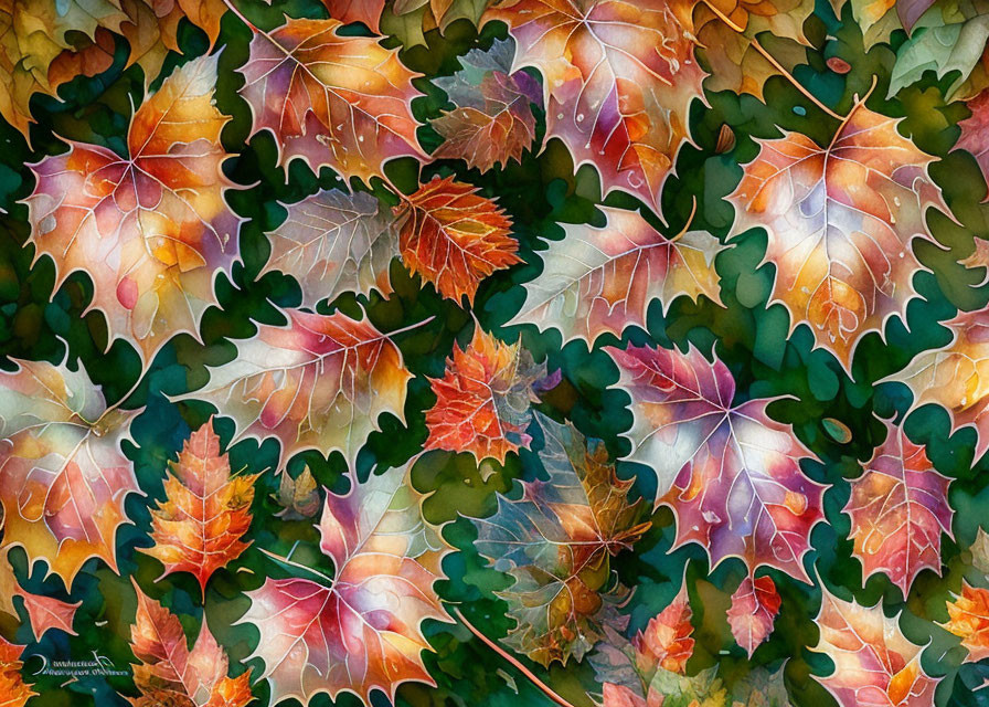 Colorful Watercolor Painting of Overlapping Autumn Leaves