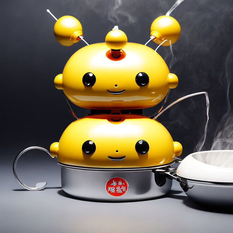 Whimsical yellow two-tier steamer with cute face and antenna features