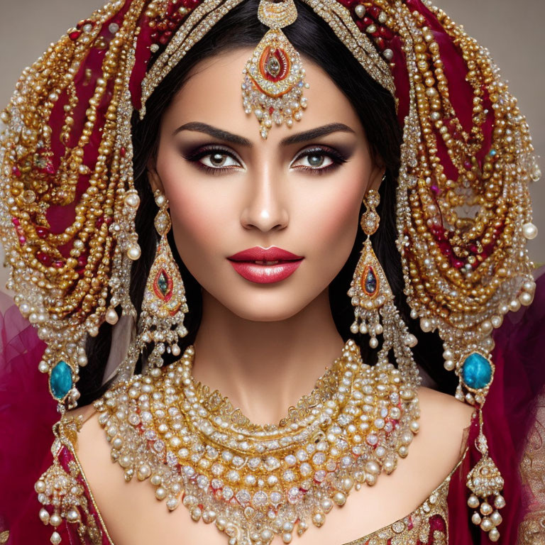 Traditional South Asian Bridal Jewelry with Gold, Pearls, and Gemstones