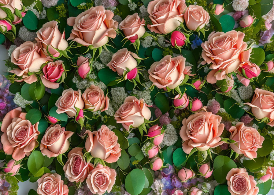 Colorful Floral Arrangement with Pink and Peach Roses, Green Leaves, and Purple Accents