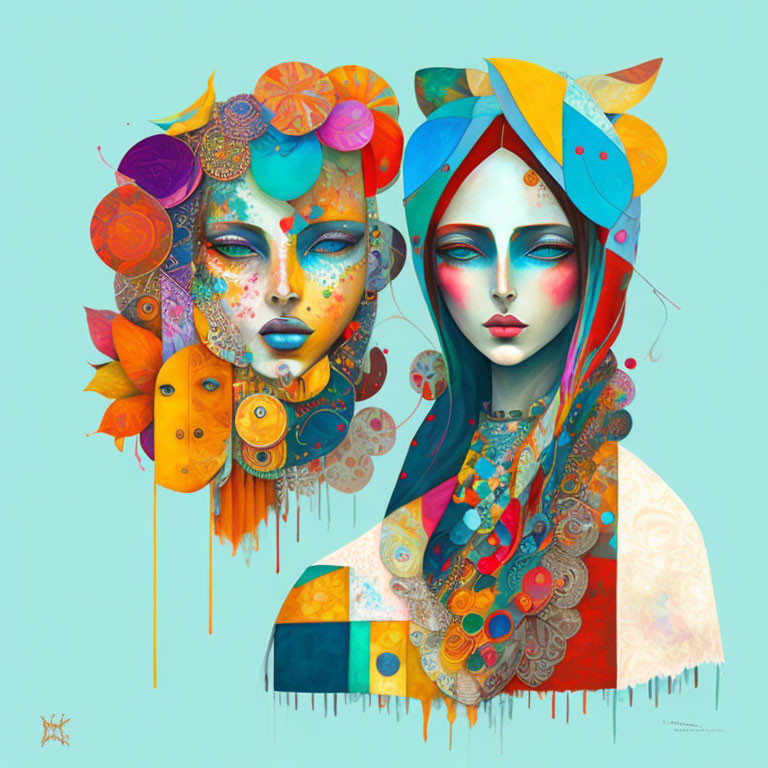 Colorful female portraits with ornate details on turquoise background