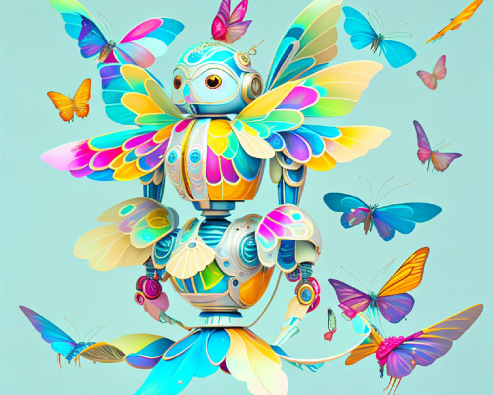 Colorful Digital Artwork: Whimsical Mechanical Owl & Butterflies on Blue Background