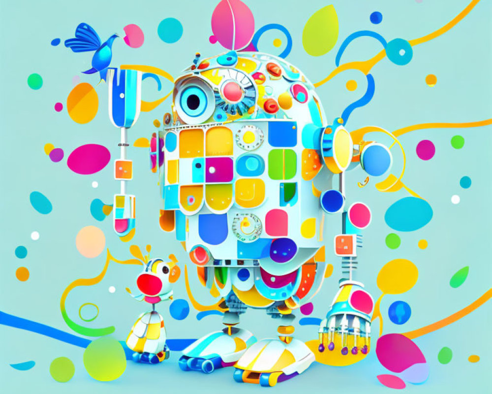 Colorful whimsical robot illustration with abstract elements on light blue background