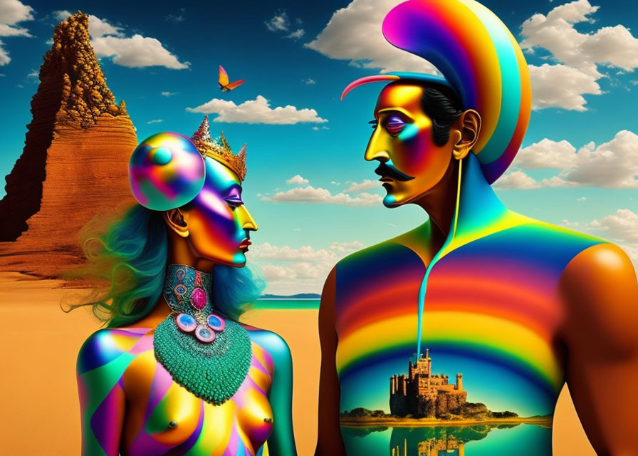 Colorful surreal figures in desert with castle and butterfly