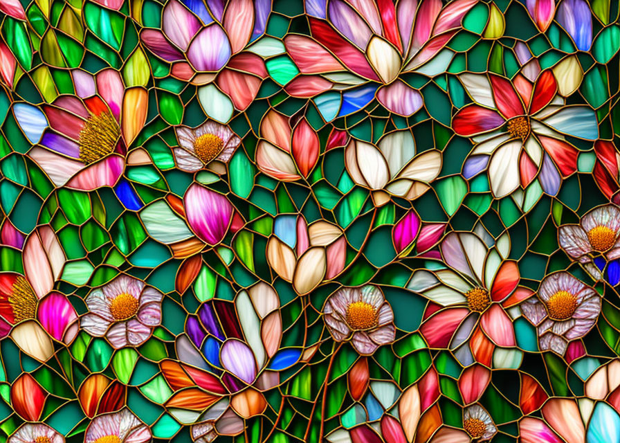 Colorful Floral Stained Glass Design with Intricate Petal Pattern