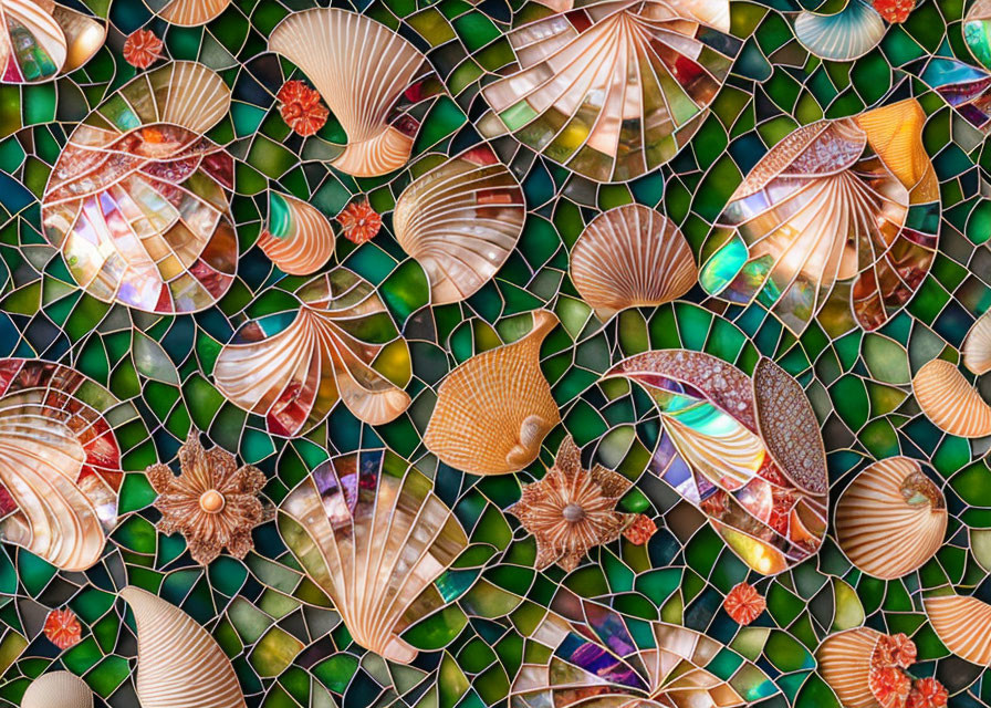 Vibrant seashell mosaic on green-tiled wall