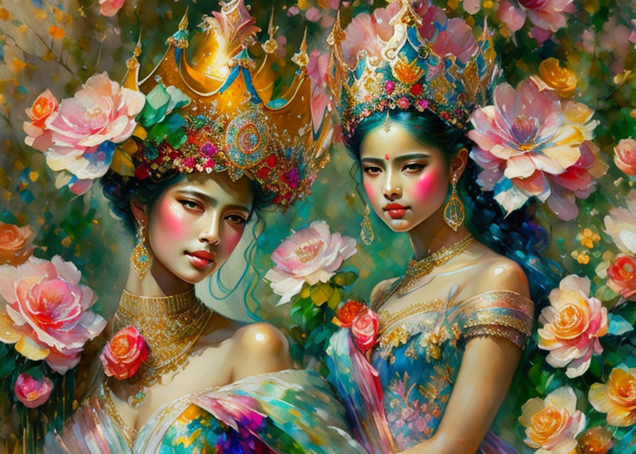 Two women in ornate crowns and traditional attire surrounded by lush foliage