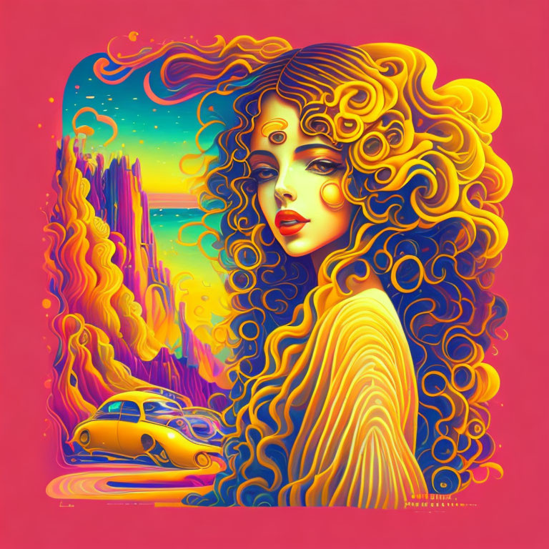 Colorful Psychedelic Woman Illustration with Celestial Elements, Castle, and Yellow Car