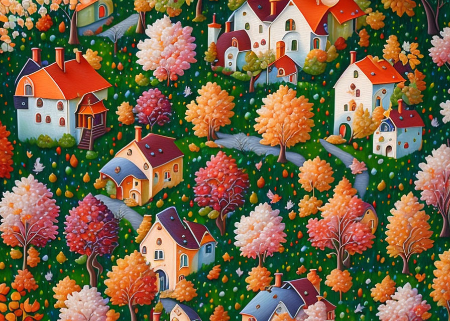 Whimsical village illustration with colorful trees and quaint houses