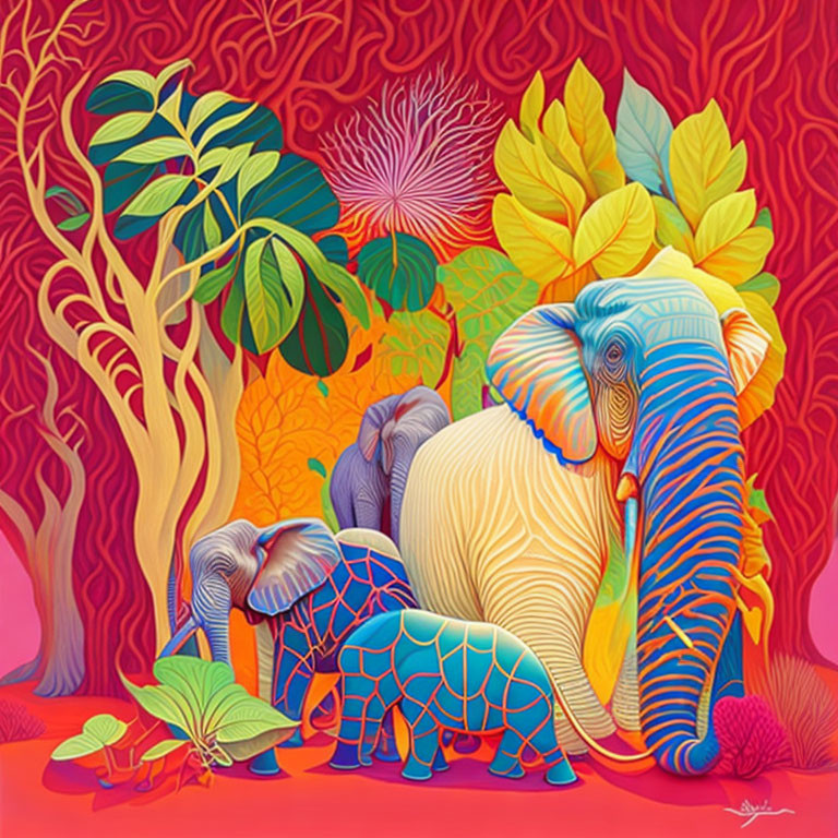 Colorful Elephant Illustration with Psychedelic Forest Theme