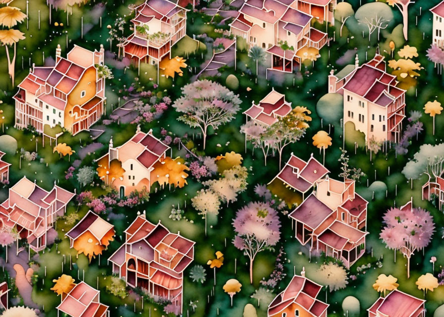 Colorful Autumn Neighborhood Illustration: Isometric View of Rainy Day