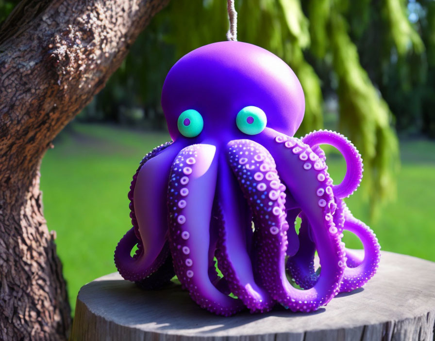 Colorful Purple Toy Octopus on Wooden Stump Outdoors