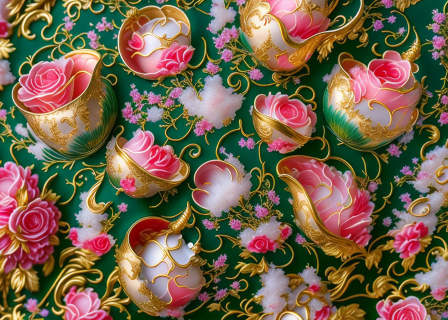 Green Fabric with Pink and White Floral Patterns and Gold Accents