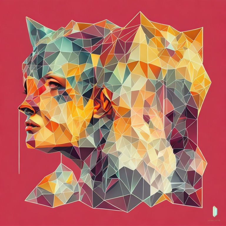 Geometric fusion of woman and lion on red background