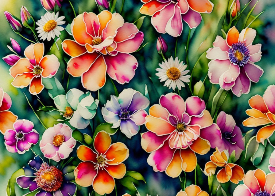 Colorful Watercolor Painting of Vibrant Flowers in Pink, Orange, and Purple