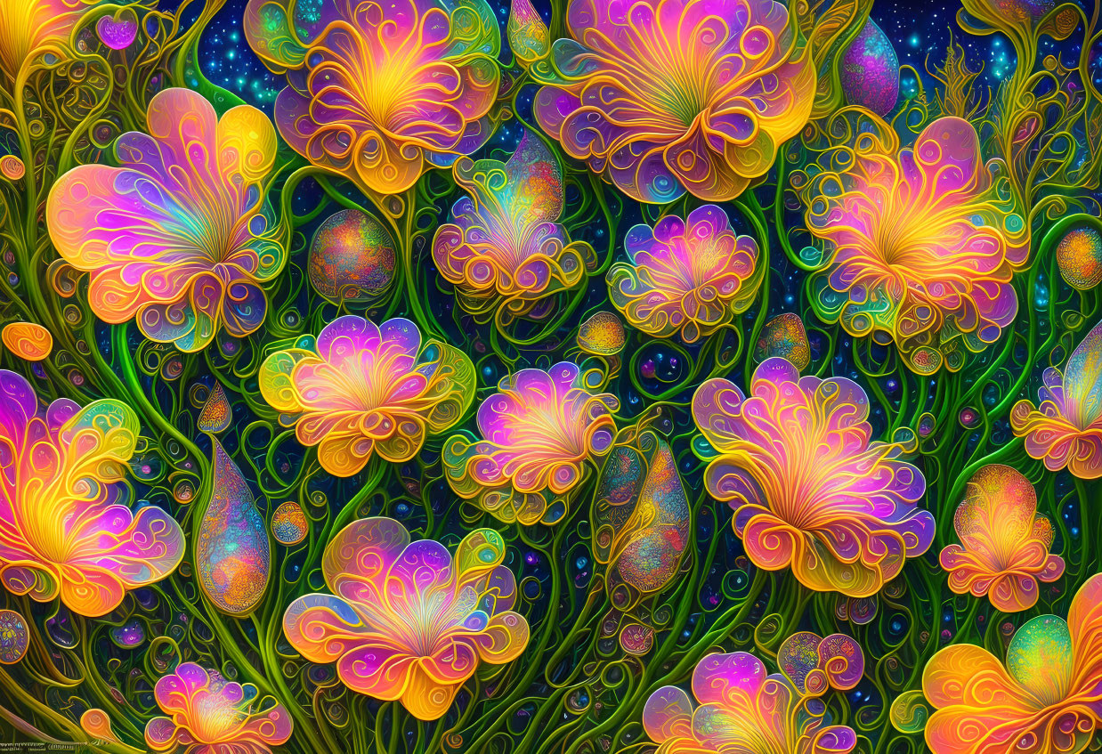 Colorful Psychedelic Flower Patterns on Starry Background