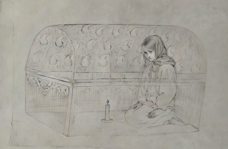 Melancholic girl sitting in ornate treasure chest with candle