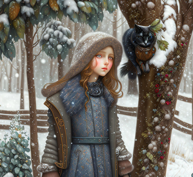 Girl in hooded winter cloak with black cat in snowy forest