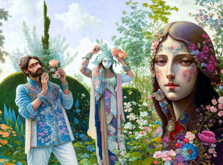 Colorful surreal painting of three figures in floral garden