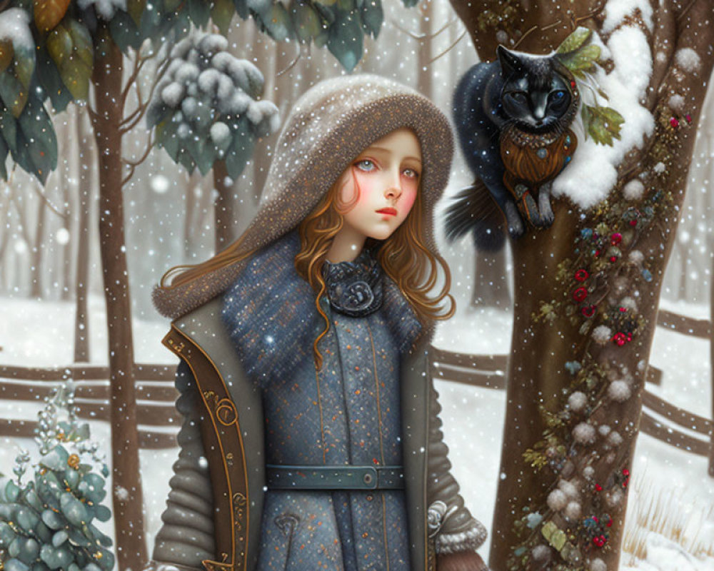 Girl in hooded winter cloak with black cat in snowy forest