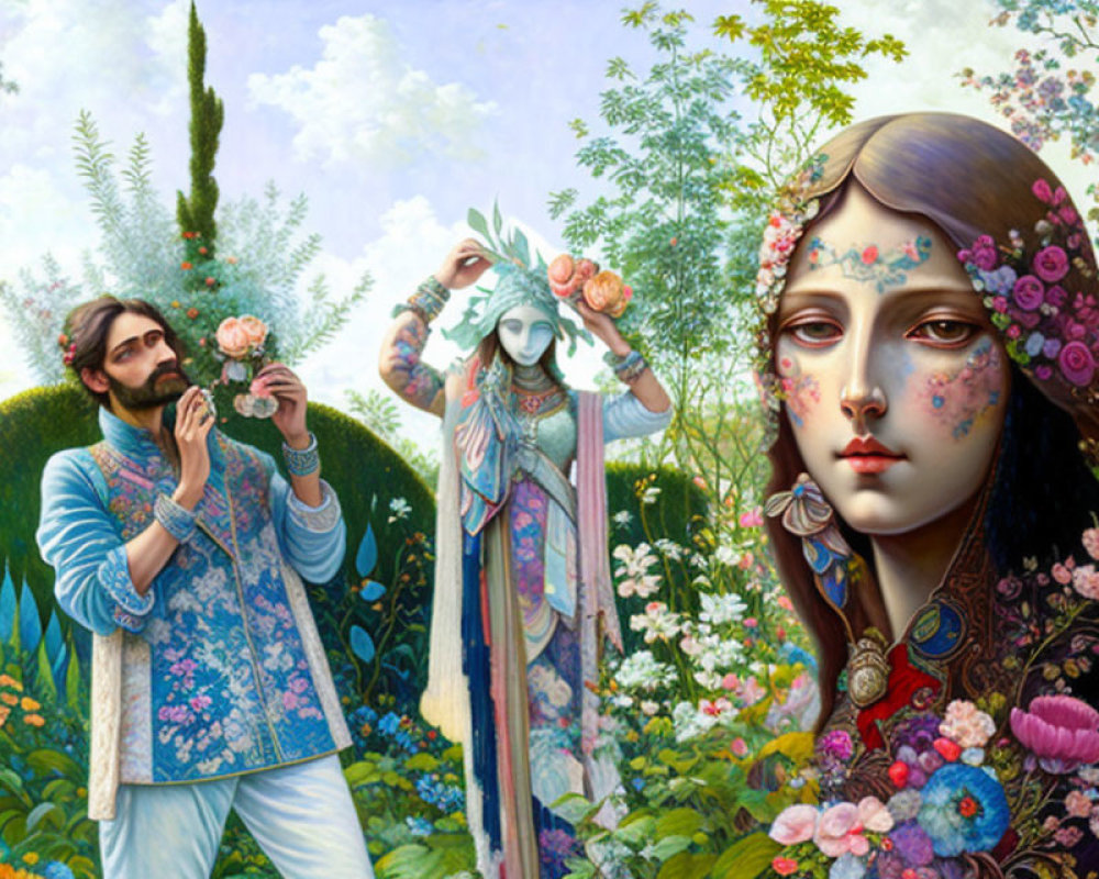 Colorful surreal painting of three figures in floral garden