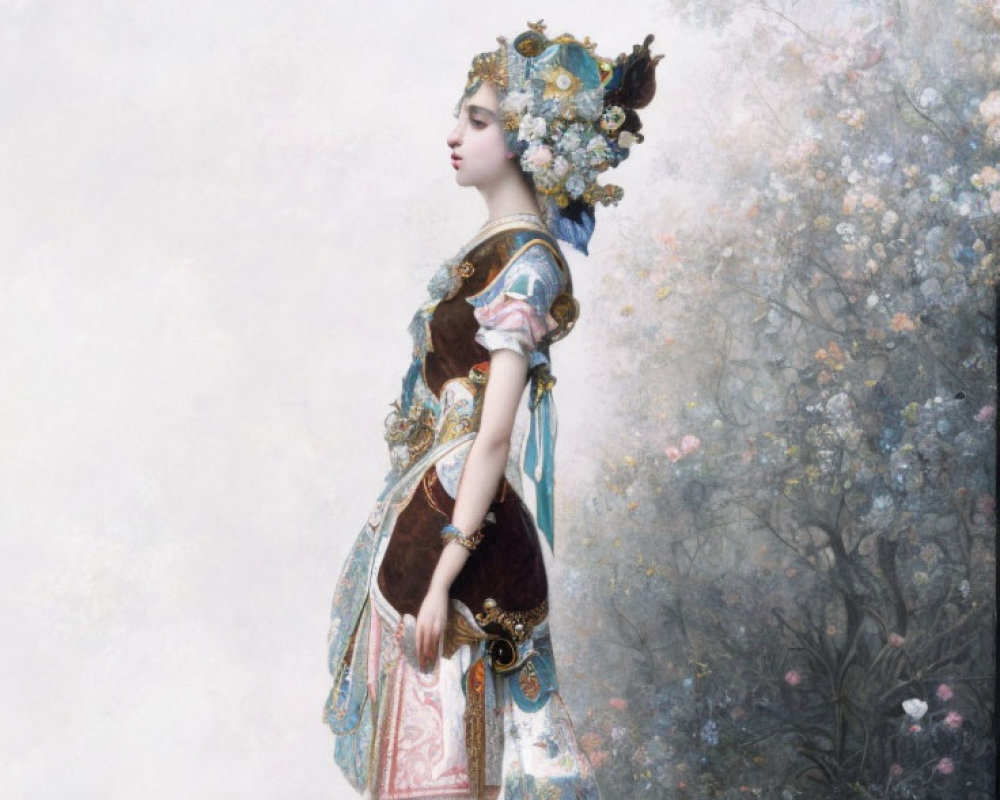 Elaborate Historical Dress Woman Beside Blossoming Flowers