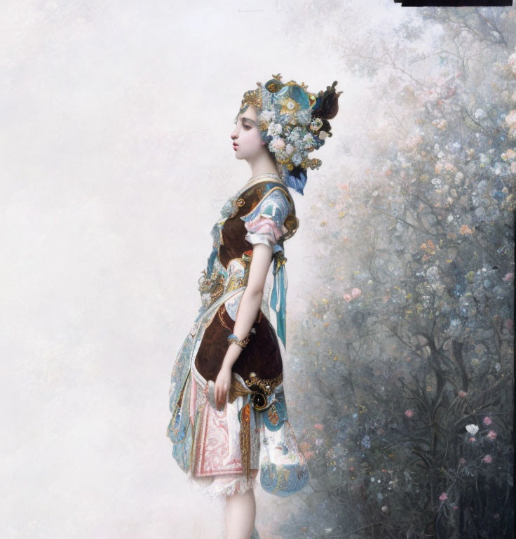 Elaborate Historical Dress Woman Beside Blossoming Flowers