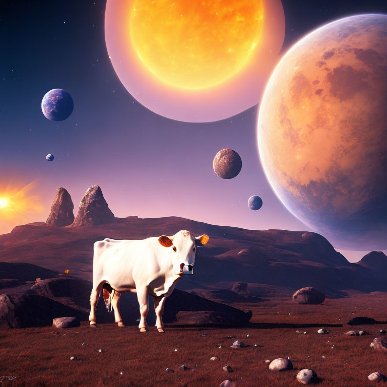 Cow on grassy plain under multiple moons and sun in surreal sky