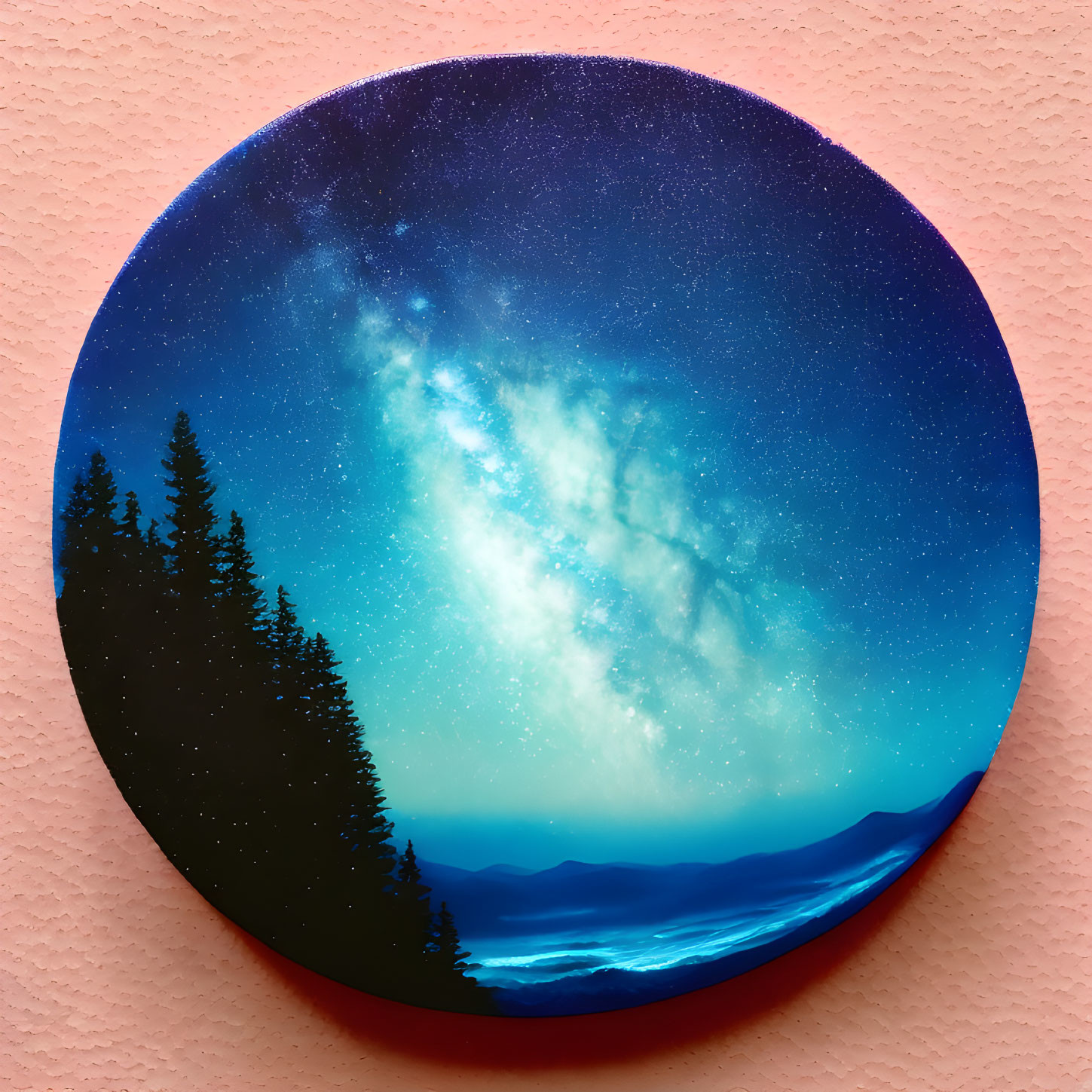 Circular starry night sky artwork with galaxy, pine trees, and mountains on textured pink wall