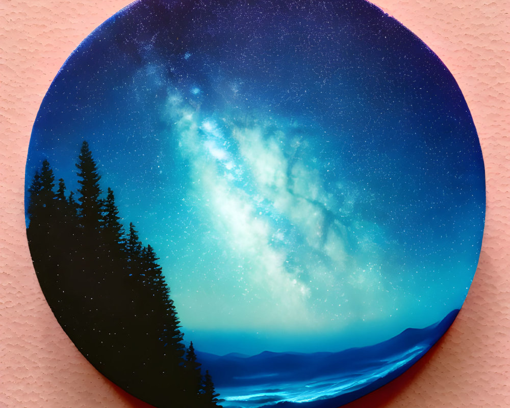 Circular starry night sky artwork with galaxy, pine trees, and mountains on textured pink wall