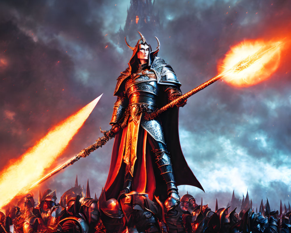 Warrior in Black and Red Armor with Flaming Spear Surrounded by Army and Castle under Fiery