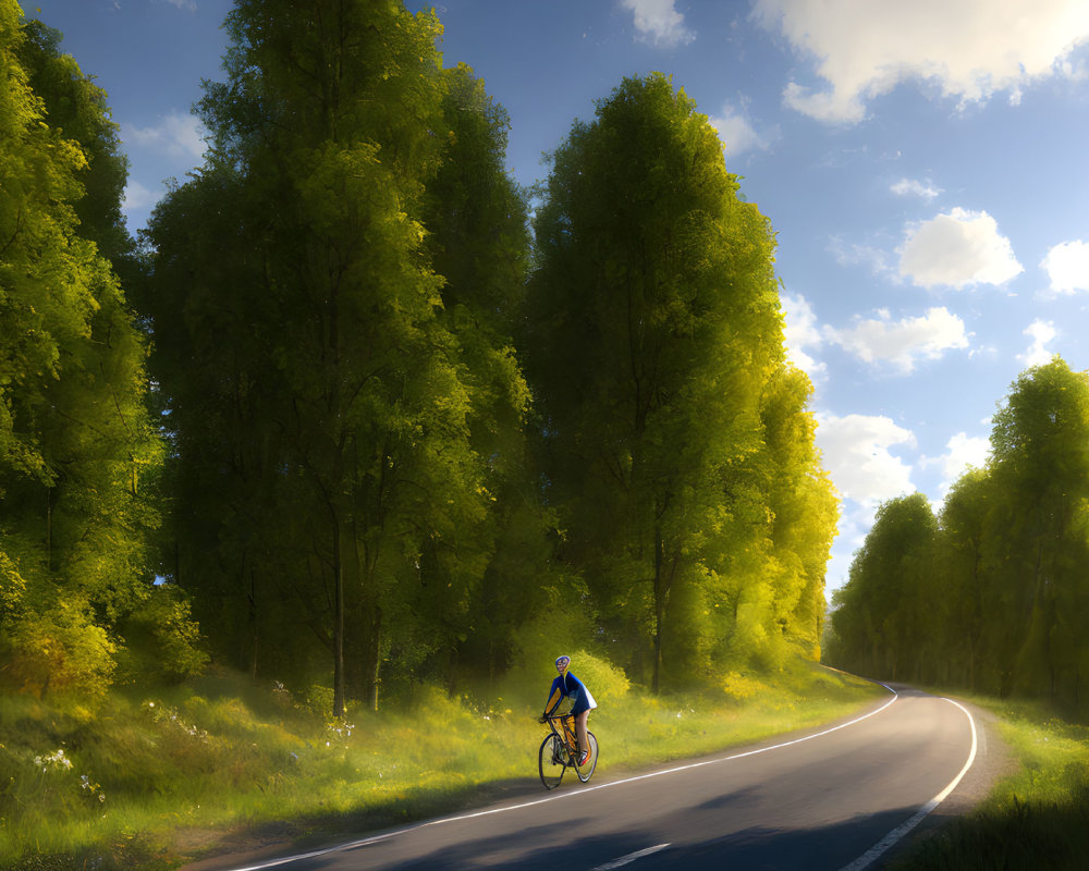 Cyclist in blue on sunlit road with lush green trees