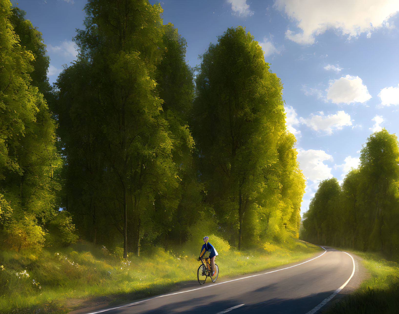 Cyclist in blue on sunlit road with lush green trees