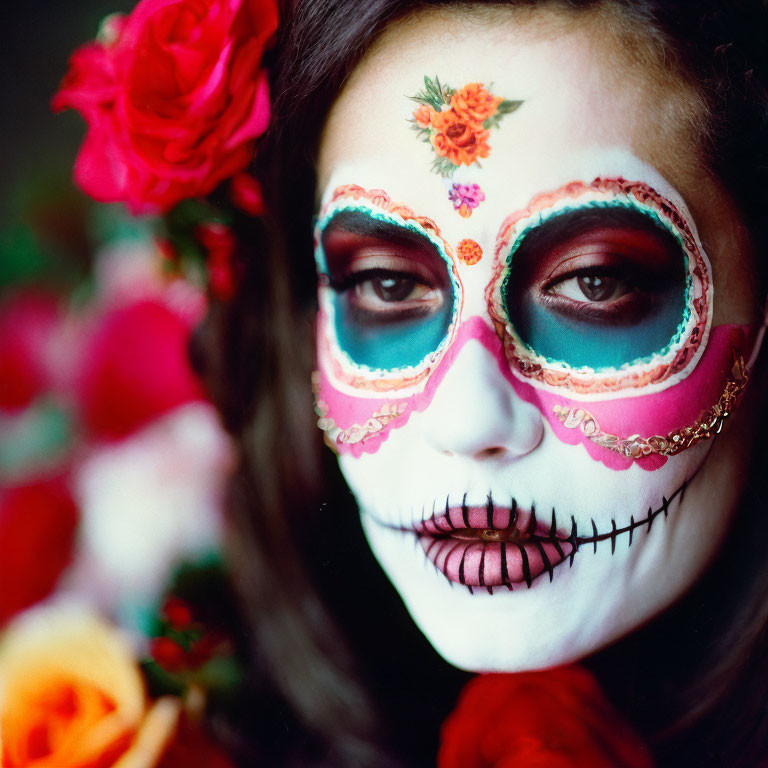 Vivid Day of the Dead sugar skull makeup with floral designs and bright roses