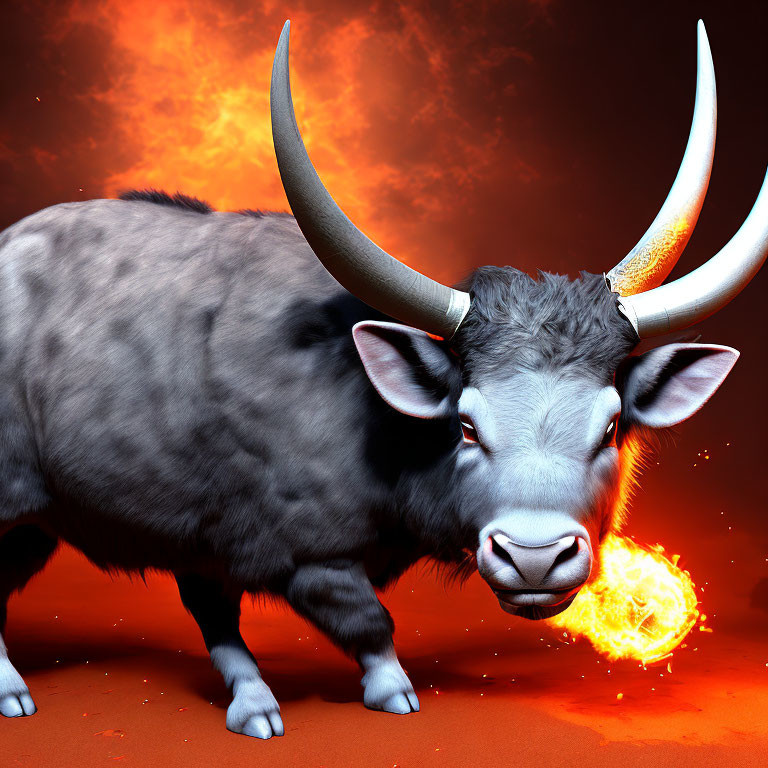 Digital image of yak with sharp horns breathing fire on fiery background