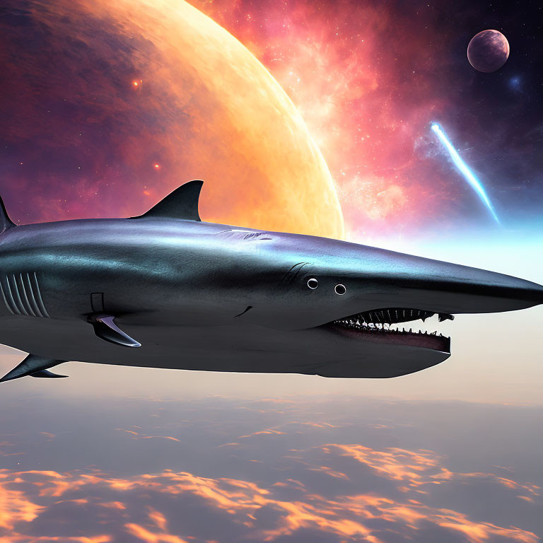 Rocket-strapped shark in surreal cosmic scene with planet, moon, and shooting stars