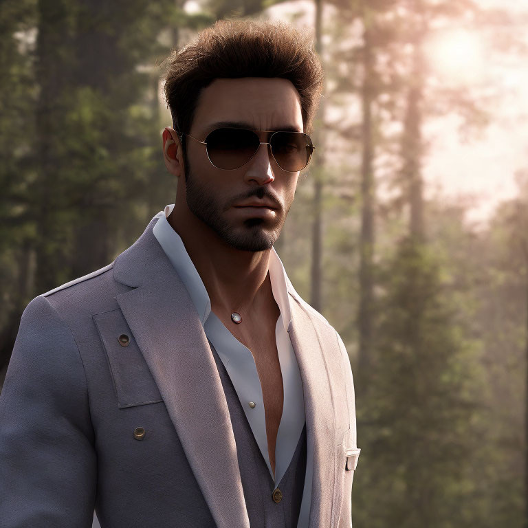 Animated man in sunglasses and blazer in forest with sunlight.