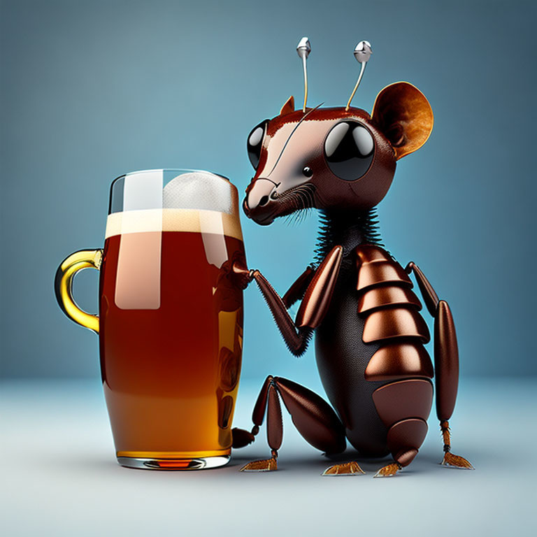 Anthropomorphic ant with glasses next to oversized beer glass