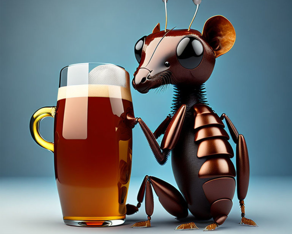 Anthropomorphic ant with glasses next to oversized beer glass