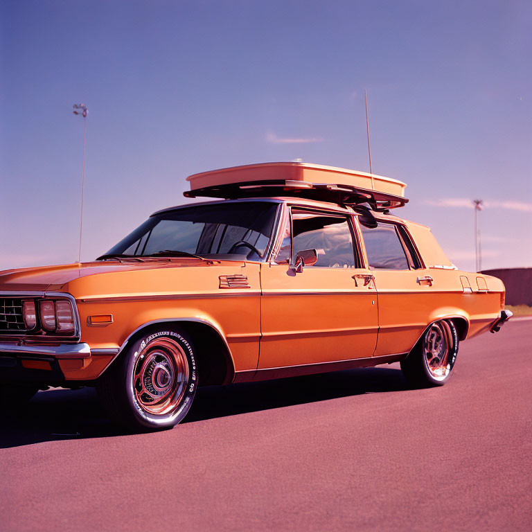 Classic Orange Station Wagon with Surfboard and Chrome Detailing