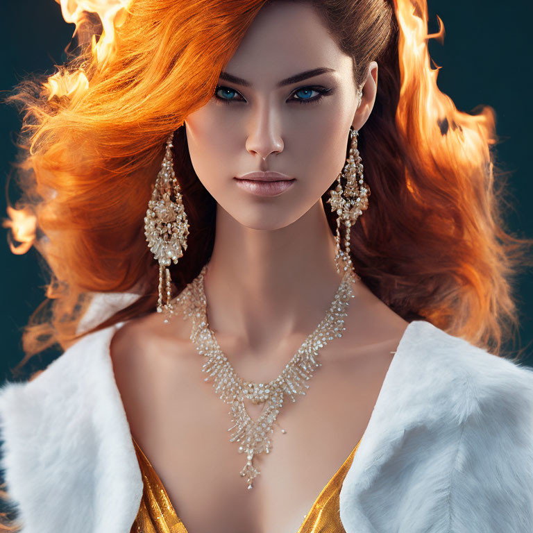 Fiery Red-Haired Woman in Gold Dress with Pearl Necklace