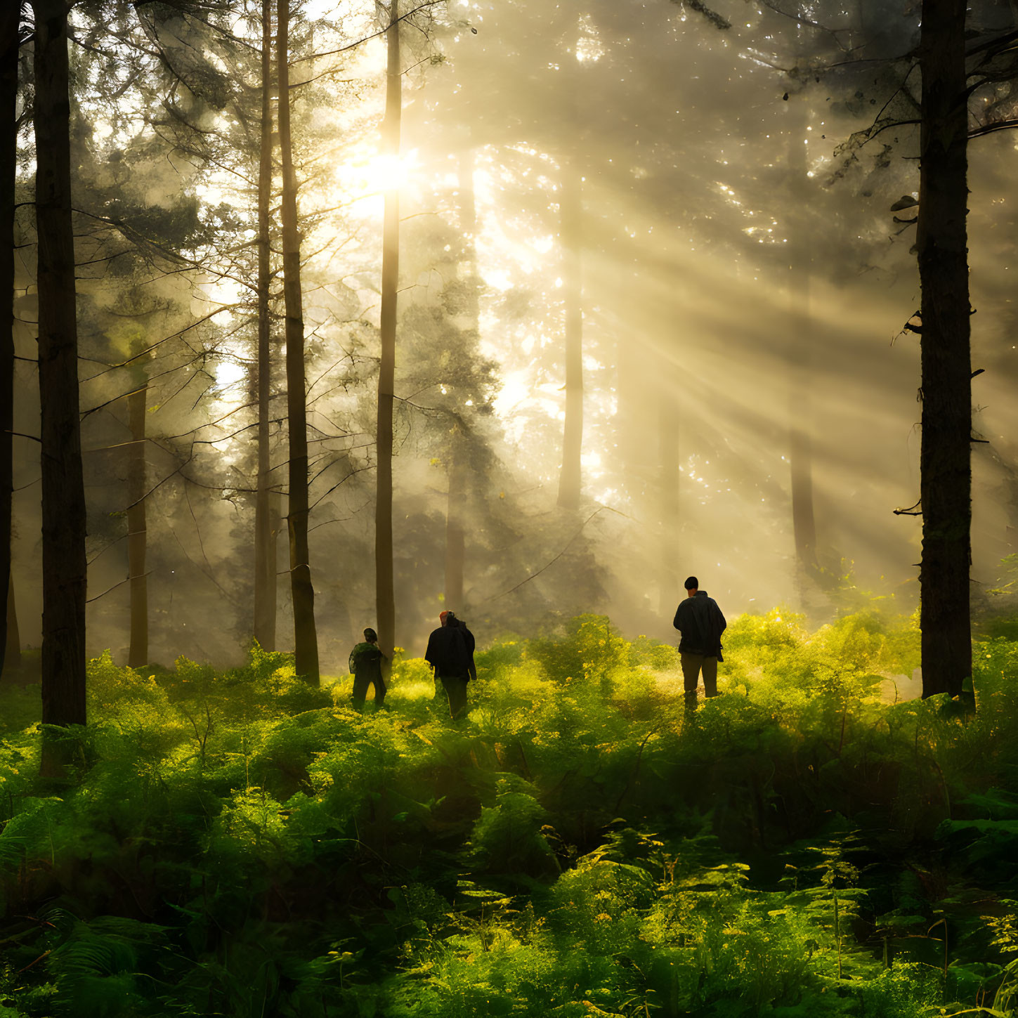 Misty forest scene with three people among ferns and tall trees