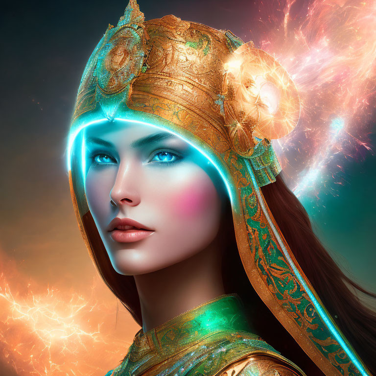 Woman with Blue Eyes in Golden Helmet Amid Ethereal Light