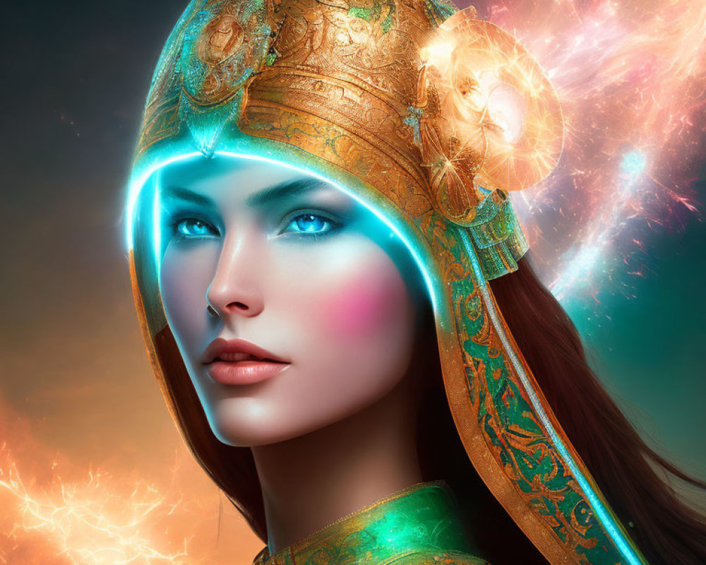 Woman with Blue Eyes in Golden Helmet Amid Ethereal Light